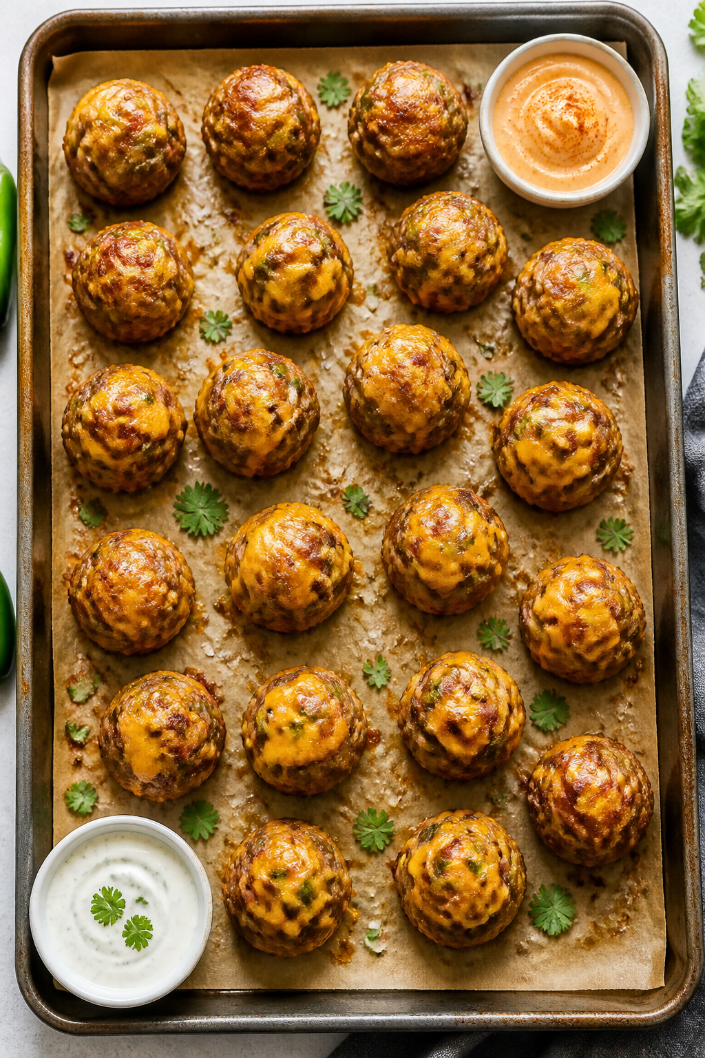 Overhead tasty top view: Sheet-pan spread of 18–22 golf ball–sized jalapeño popper meatballs po
