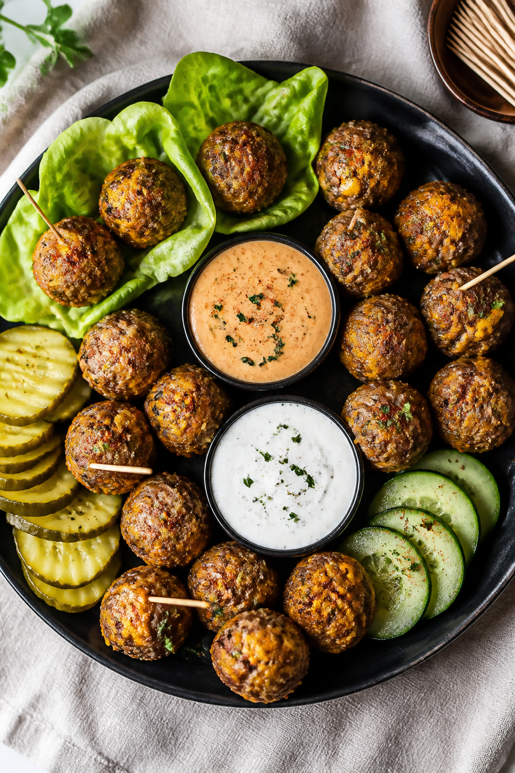 Overhead “tasty top view” shot: Party-style platter of keto bacon cheeseburger meatballs arrange