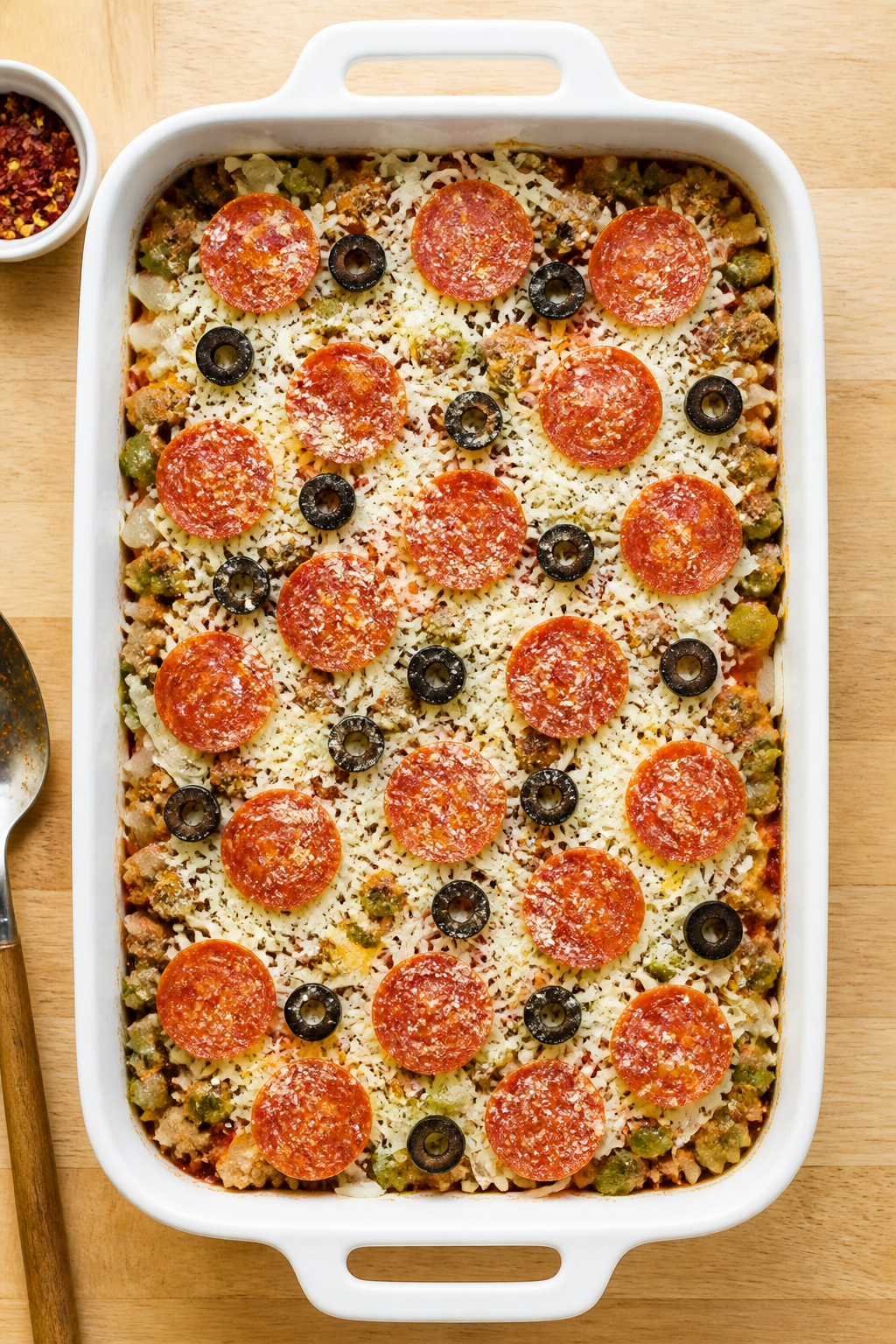 Overhead “tasty top view”: The assembled bake in a white 9x13 dish right after layering and befo