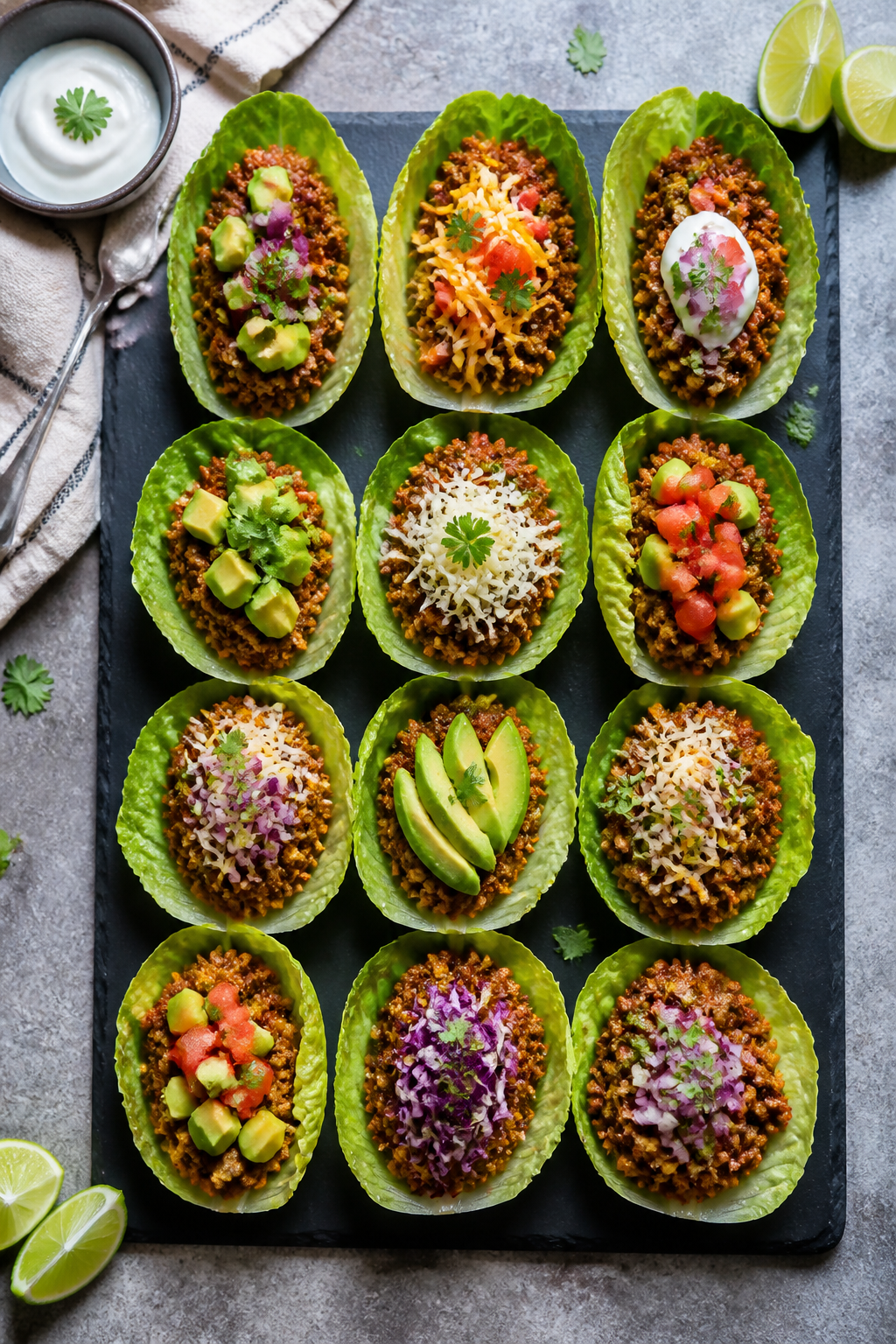 Overhead “tasty top view”: Top-down spread of assembled lettuce boats in a casual weeknight setu