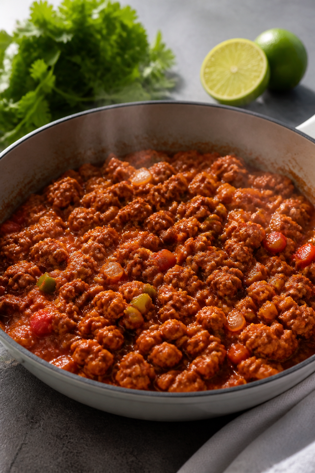 Process-focused skillet scene: turkey taco filling simmering and thickened in a wide pan—crumbled
