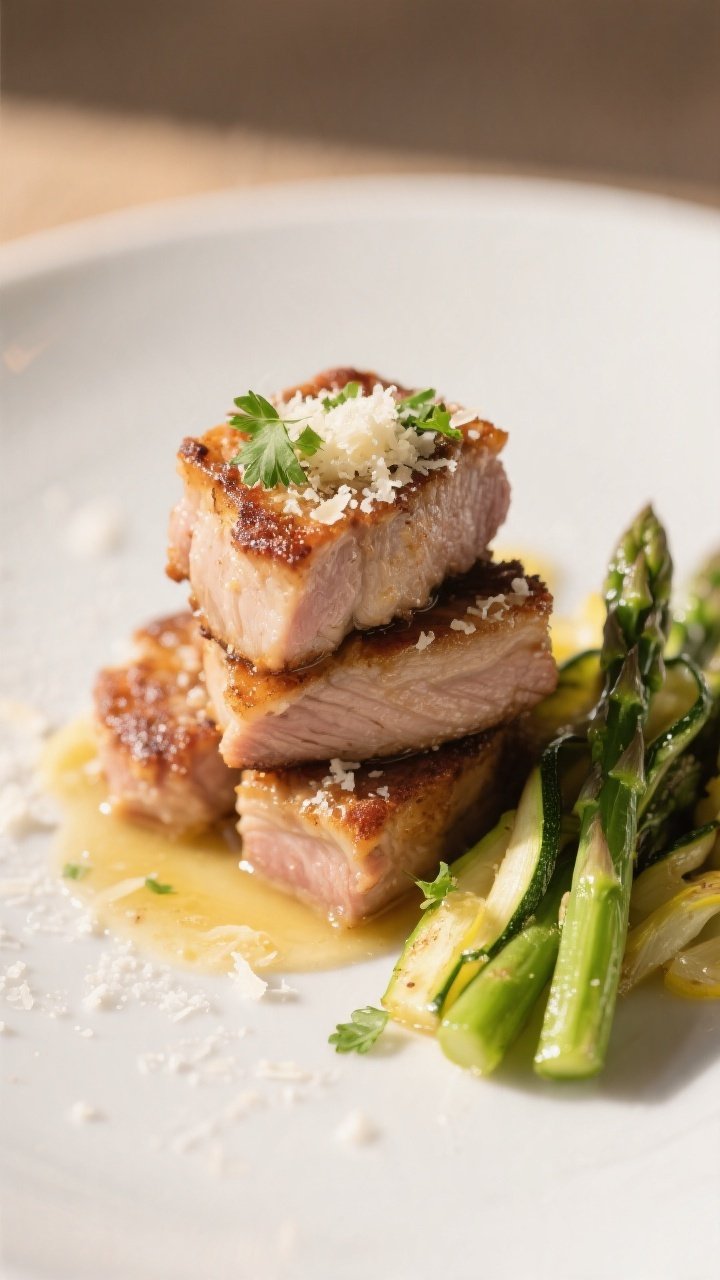 Restaurant-quality final plate: beautifully plated garlic-Parmesan pork bites stacked on a matte whi