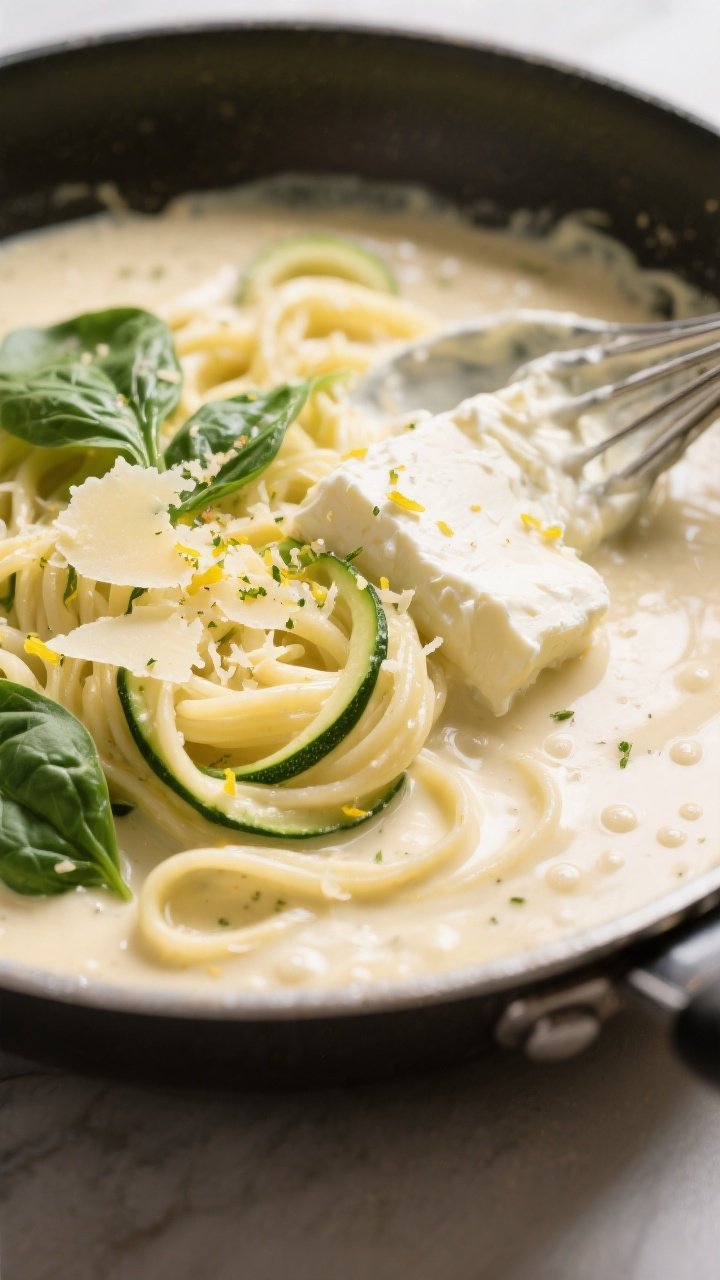 Sauce-building detail: Velvety “million-dollar” Alfredo sauce in a wide sauté pan, cream cheese