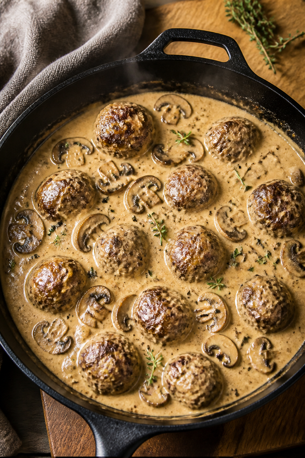 Sauce development, overhead: Overhead shot of sautéed cremini mushrooms turning golden in butter wi