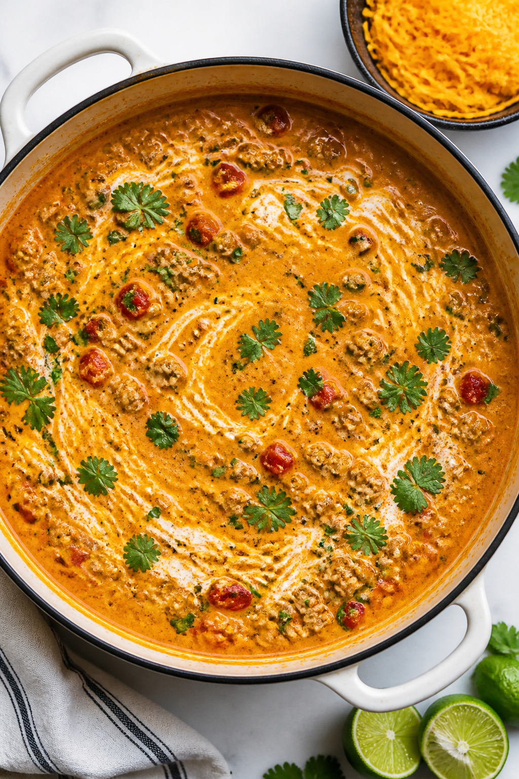 Tasty overhead top view: One-pot keto turkey cheesy taco soup in a wide enamel Dutch oven, glossy an