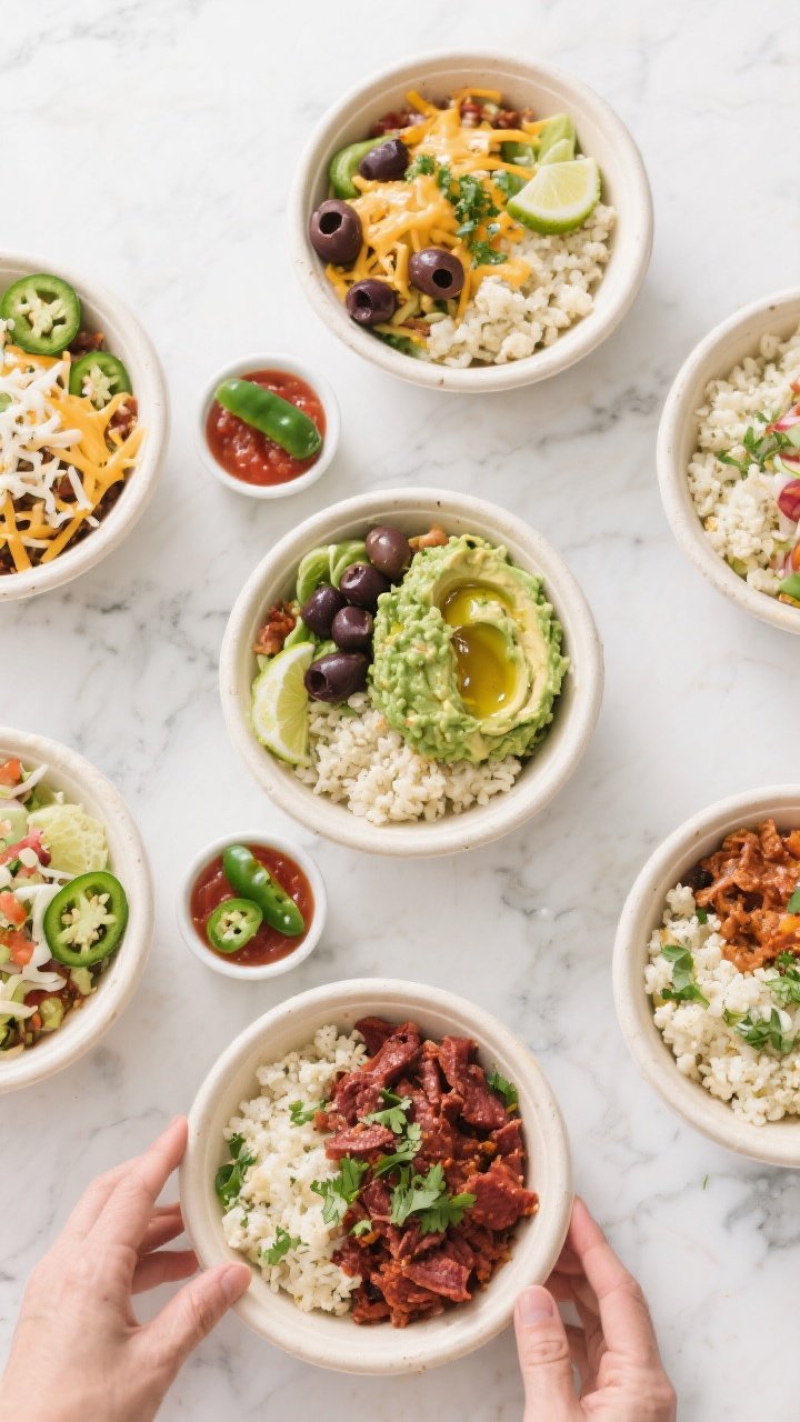 Tasty top-down meal-prep/overhead: Overhead shot of multiple burrito bowls arranged on a white marbl
