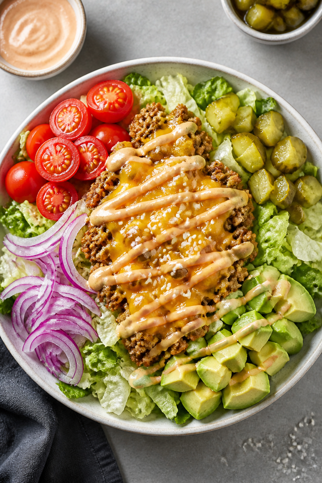 Tasty top view — Assembled Keto Turkey Cheeseburger Bowl: Overhead shot of a generous bowl layered