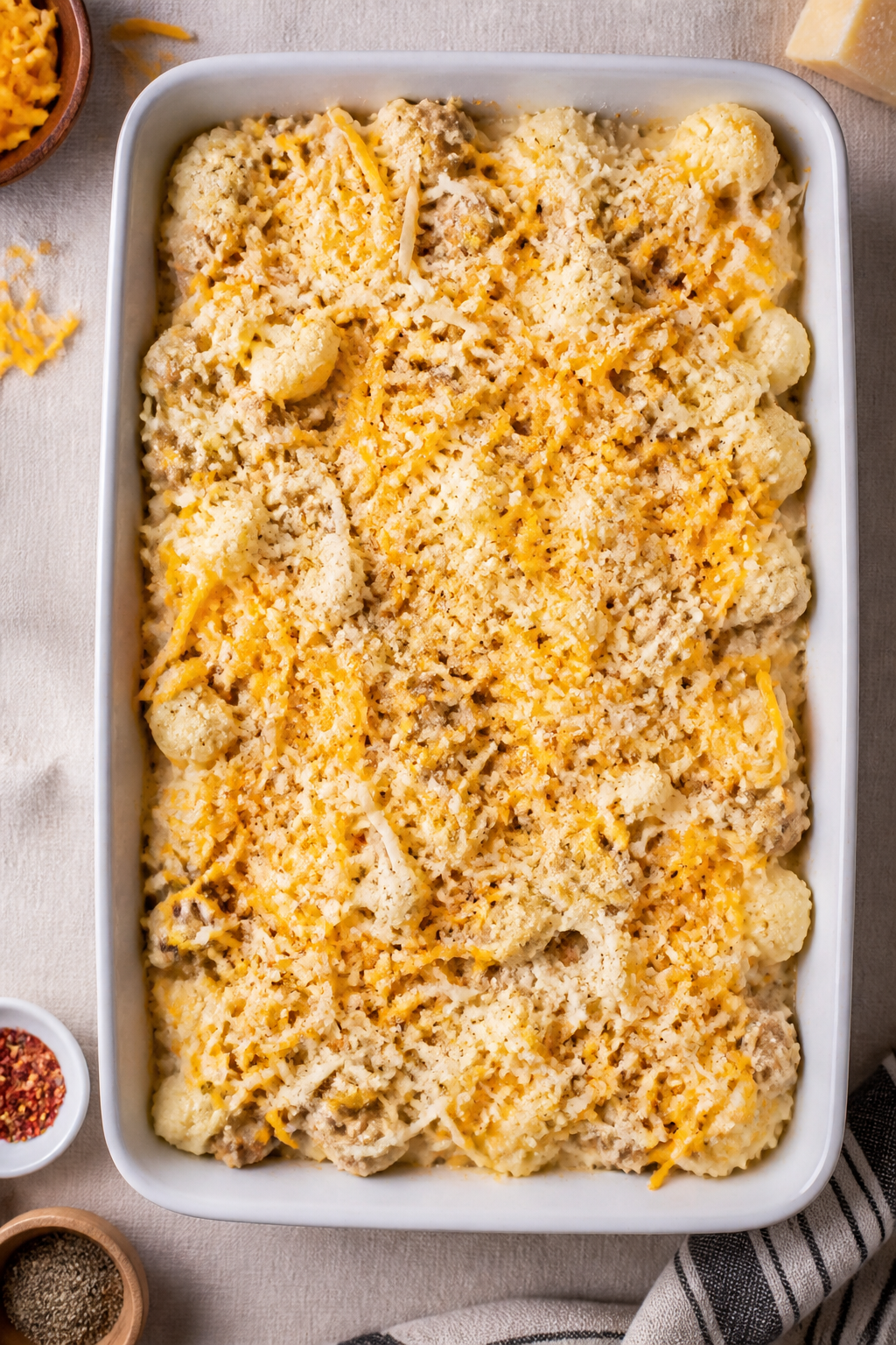 Tasty top view, assembly before bake: Overhead shot of the Keto Turkey Cauliflower Mac & Cheese mixt