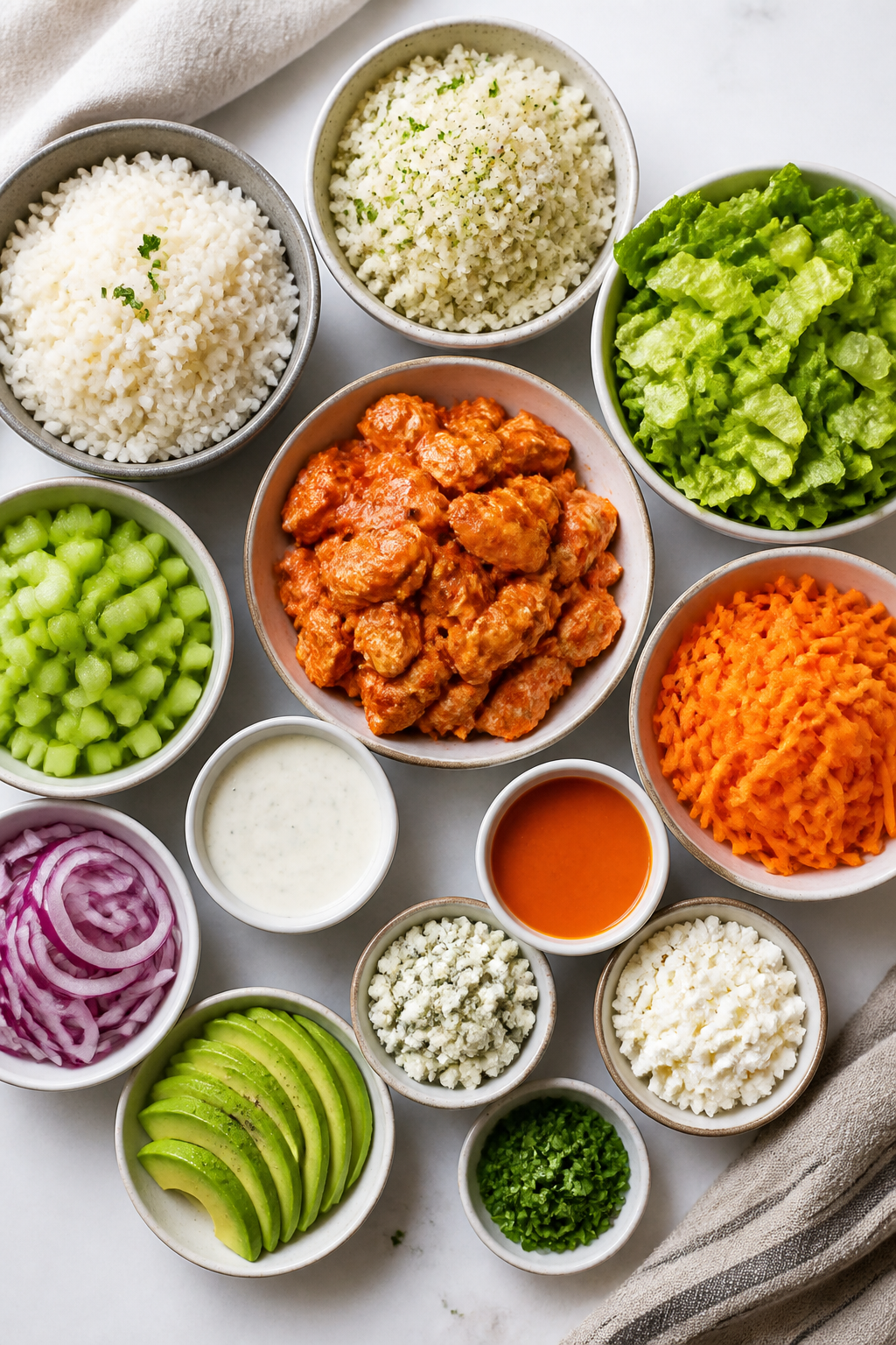 Tasty top view assembly: Overhead shot of a neat mise-en-place for prepared components (all fully co