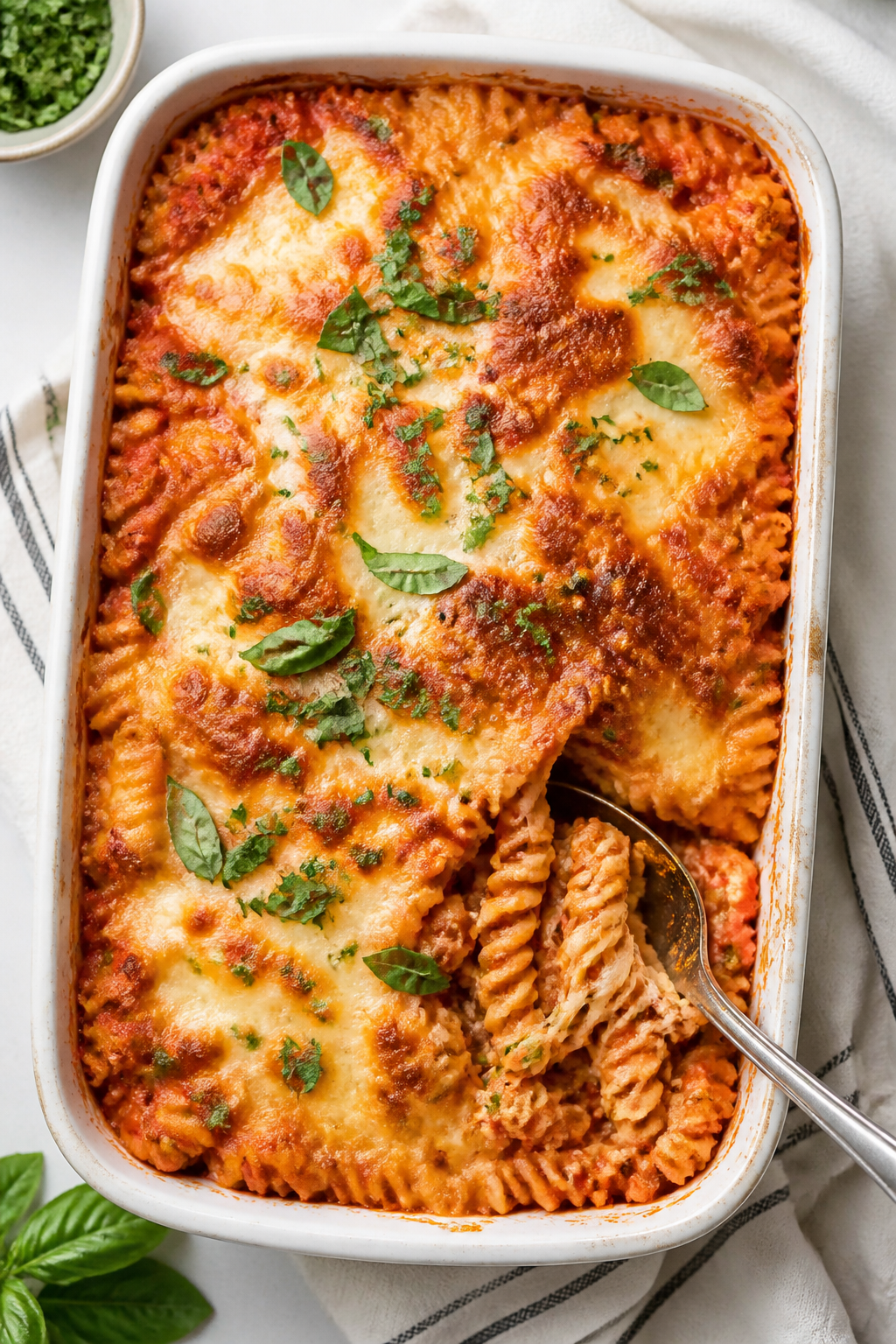 Tasty top view, casserole in pan: Overhead shot of the Ground Turkey Italian Parmesan Bake just out 