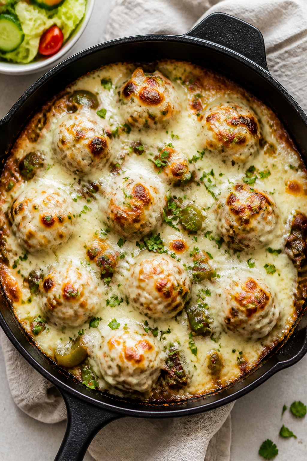 Tasty top view, cheesy casserole: Overhead shot of the Keto Philly Cheese Meatball Bake just out of 