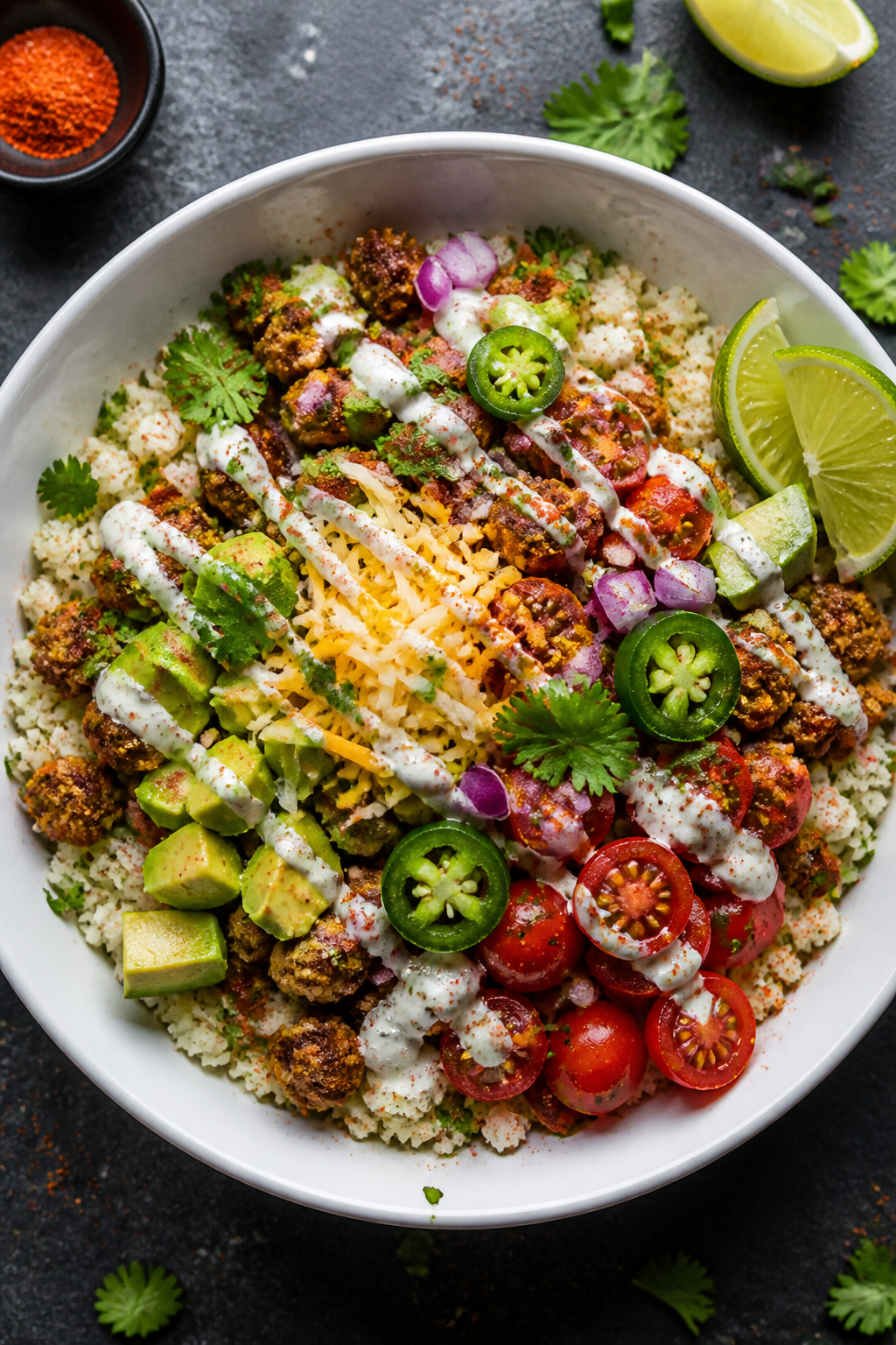 Tasty top view (final bowl): Overhead shot of a fully assembled Keto Turkey Burrito Bowl—bed of ci