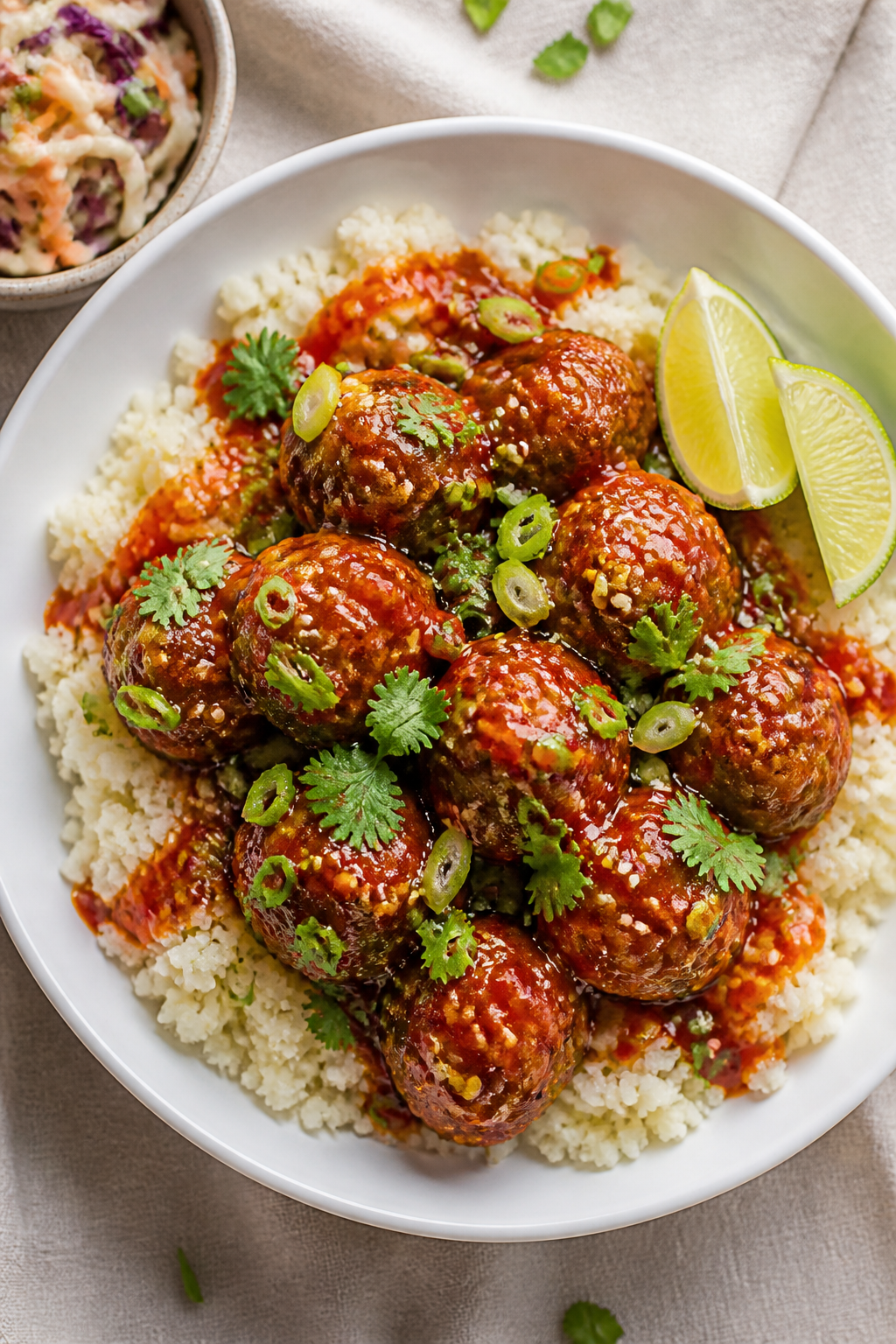 Tasty top view final dish: Overhead shot of a shallow white bowl filled with cauliflower rice topped