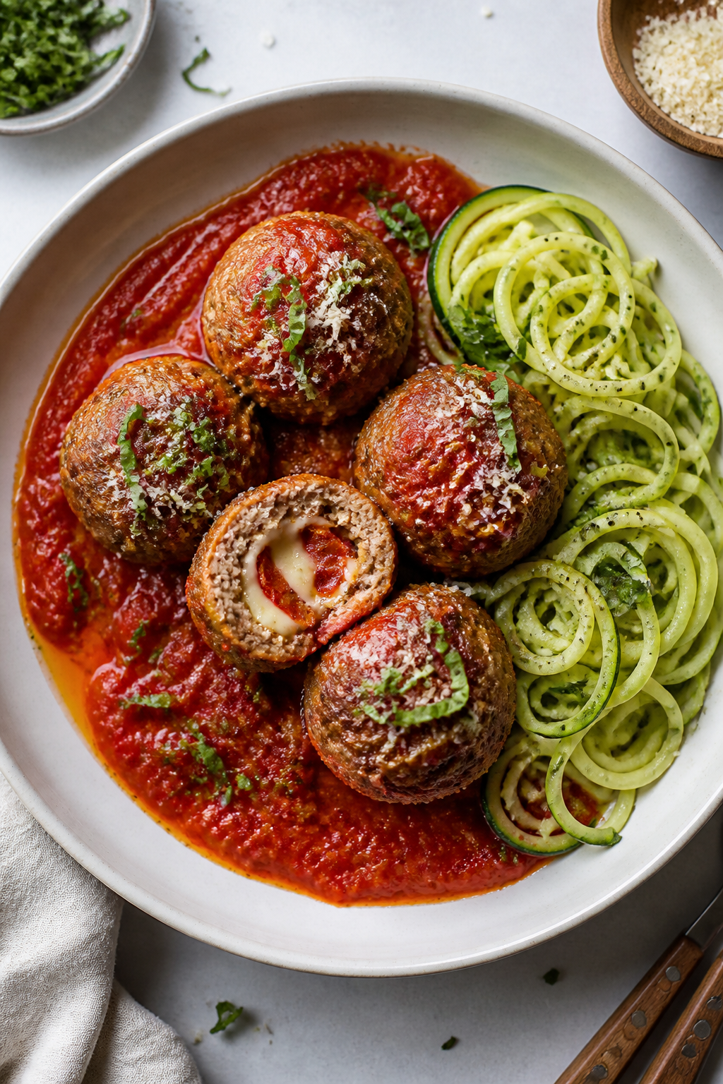 Tasty top view final dish: Overhead shot of beautifully plated Keto Pizza Stuffed Meatballs nestled 
