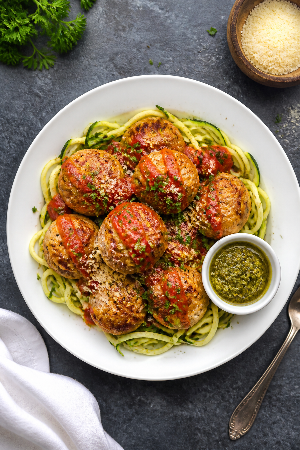 Tasty top view final dish: Overhead shot of plated Keto Sausage and Cheese Meatballs nestled over zu