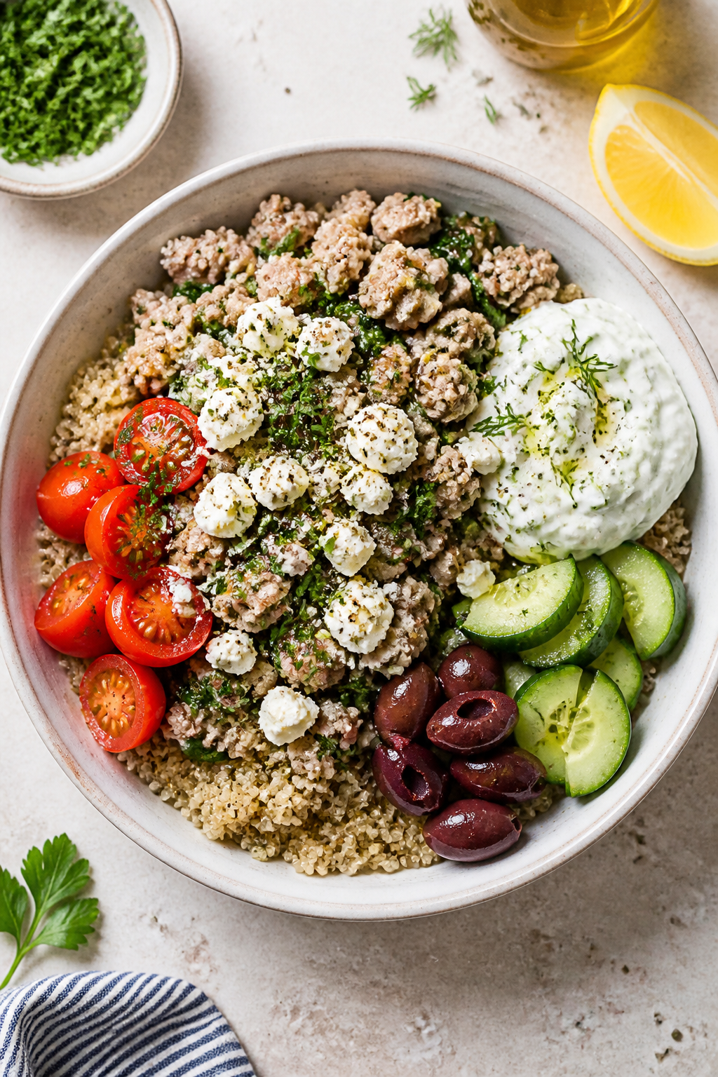 Tasty top view — Final Mediterranean bowl: Overhead, restaurant-quality presentation of a composed