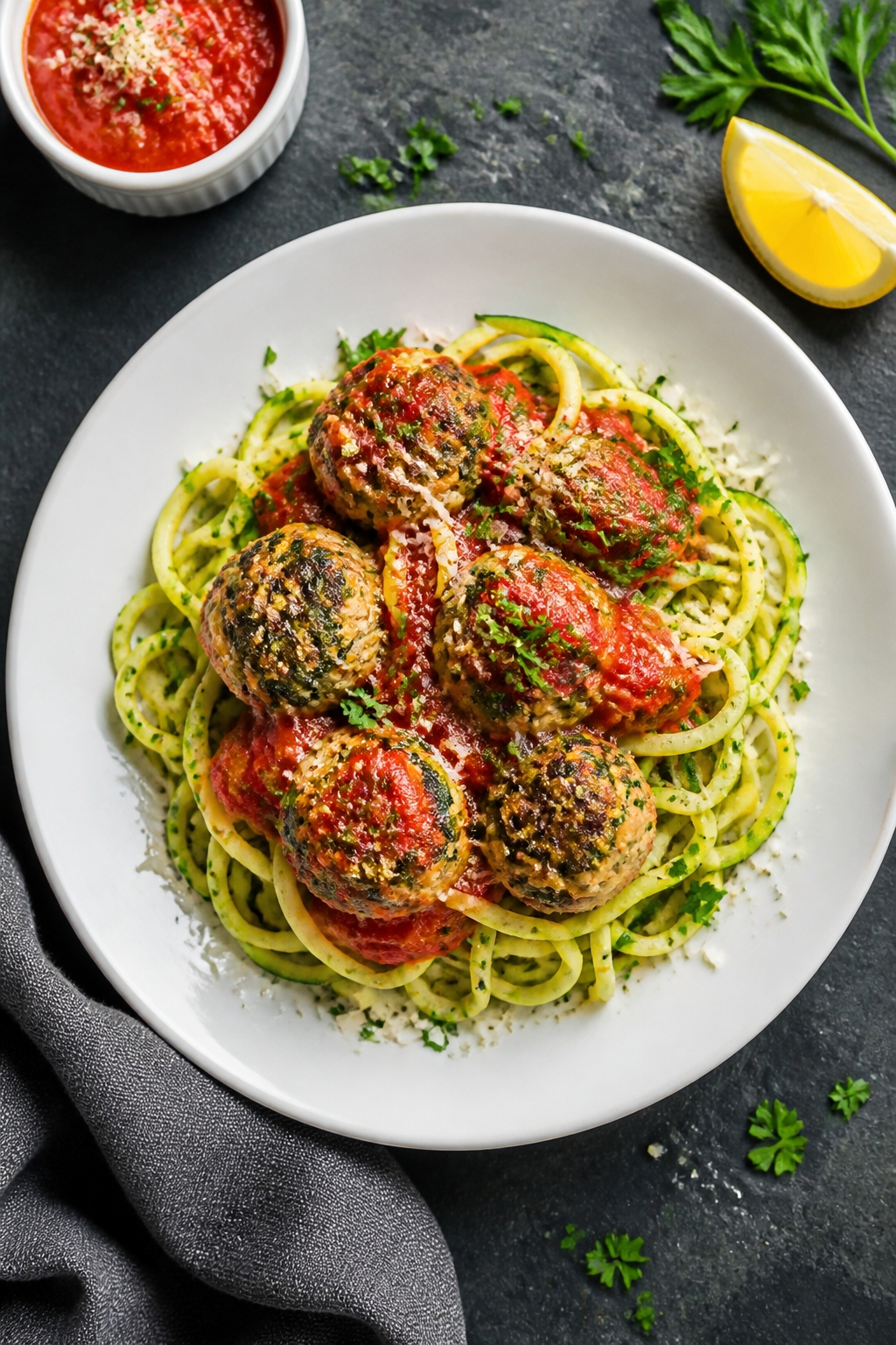 Tasty top view final presentation: Overhead shot of plated Keto Spinach Parmesan Meatballs served ov