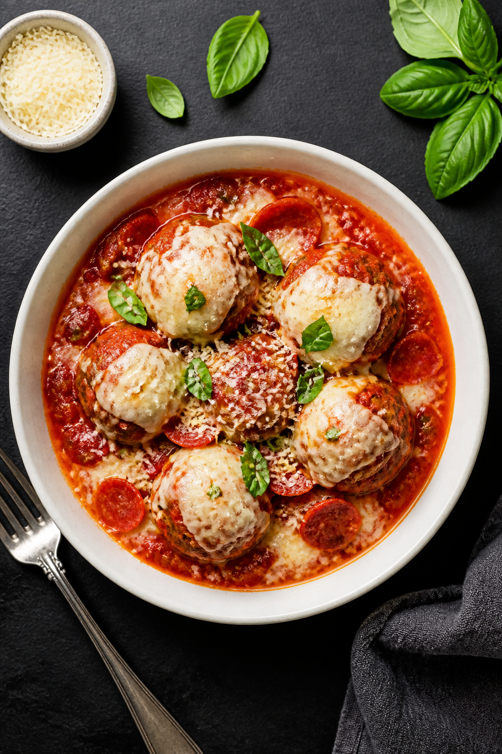 Tasty top view final presentation: Overhead shot of Keto Loaded Pizza Meatballs served in a wide, sh