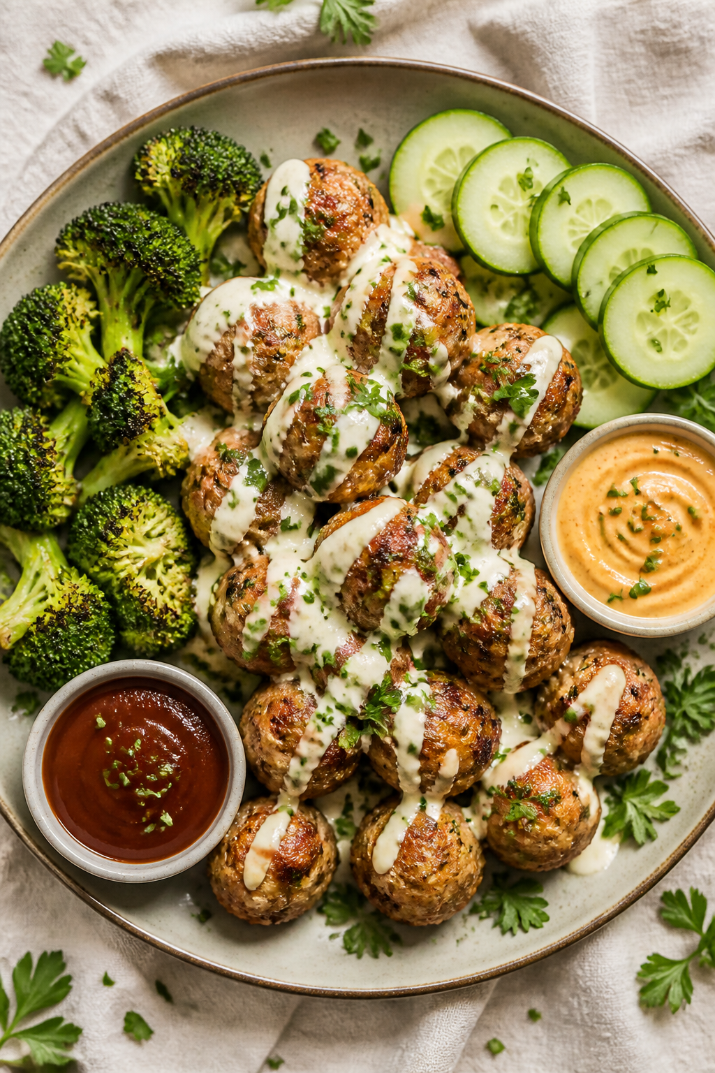 Tasty top view final presentation: Overhead shot of a rustic platter piled with keto cheesy ranch me
