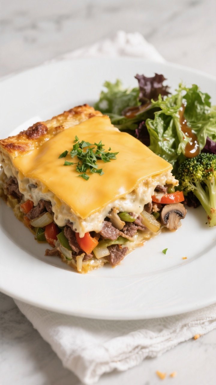 Tasty top view final presentation: Overhead shot of plated Keto Philly Cheesesteak Casserole square 