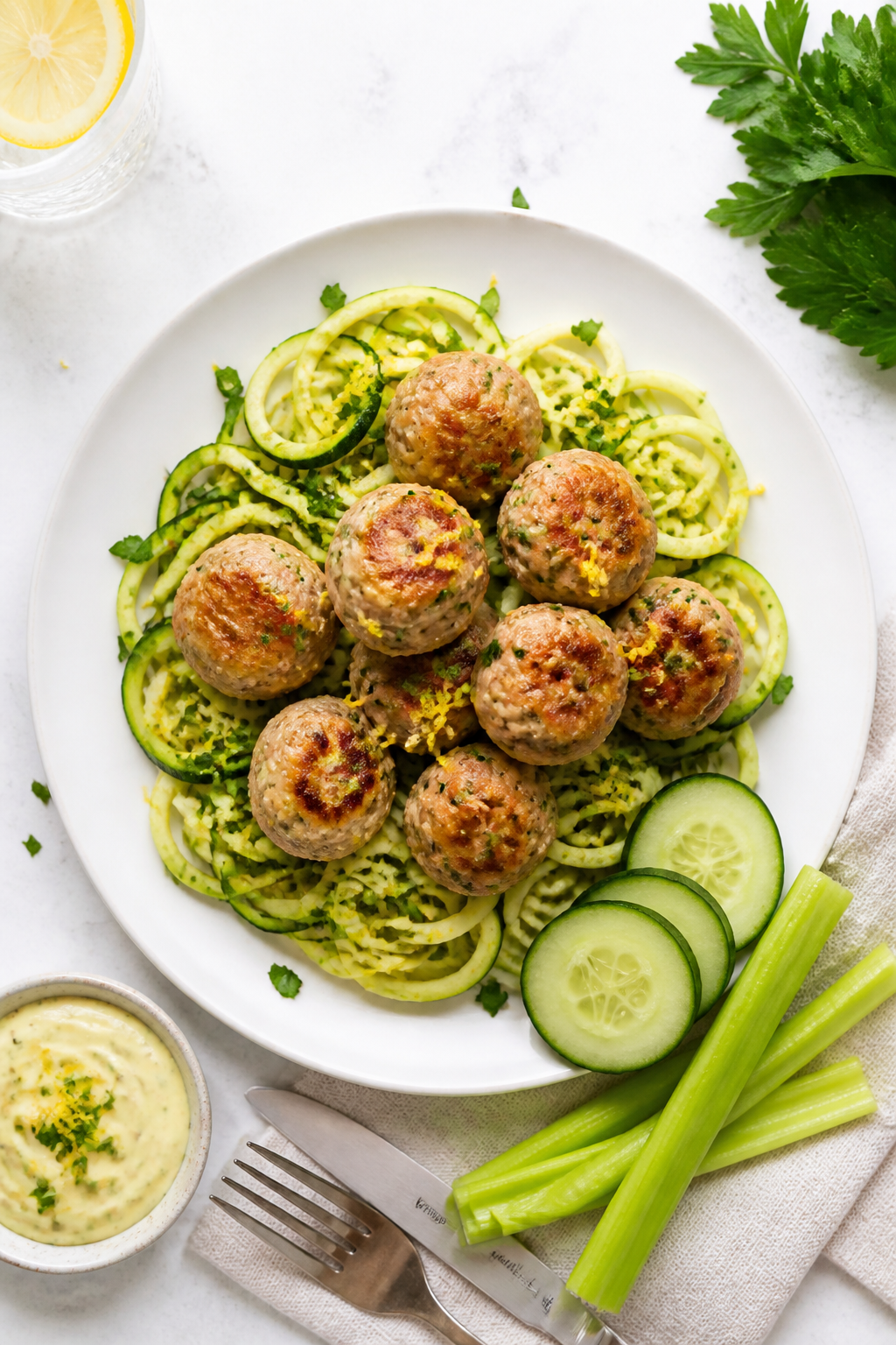 Tasty top view final presentation: Overhead shot of beautifully plated keto ranch chicken meatballs 