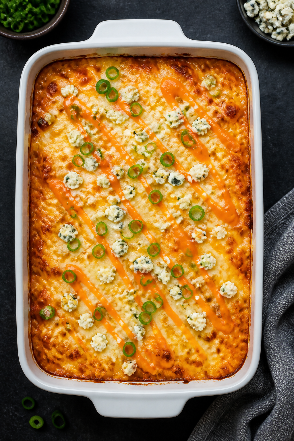 Tasty top view, golden cheese crust: Overhead shot of the baked Keto Turkey Buffalo Ranch Casserole 