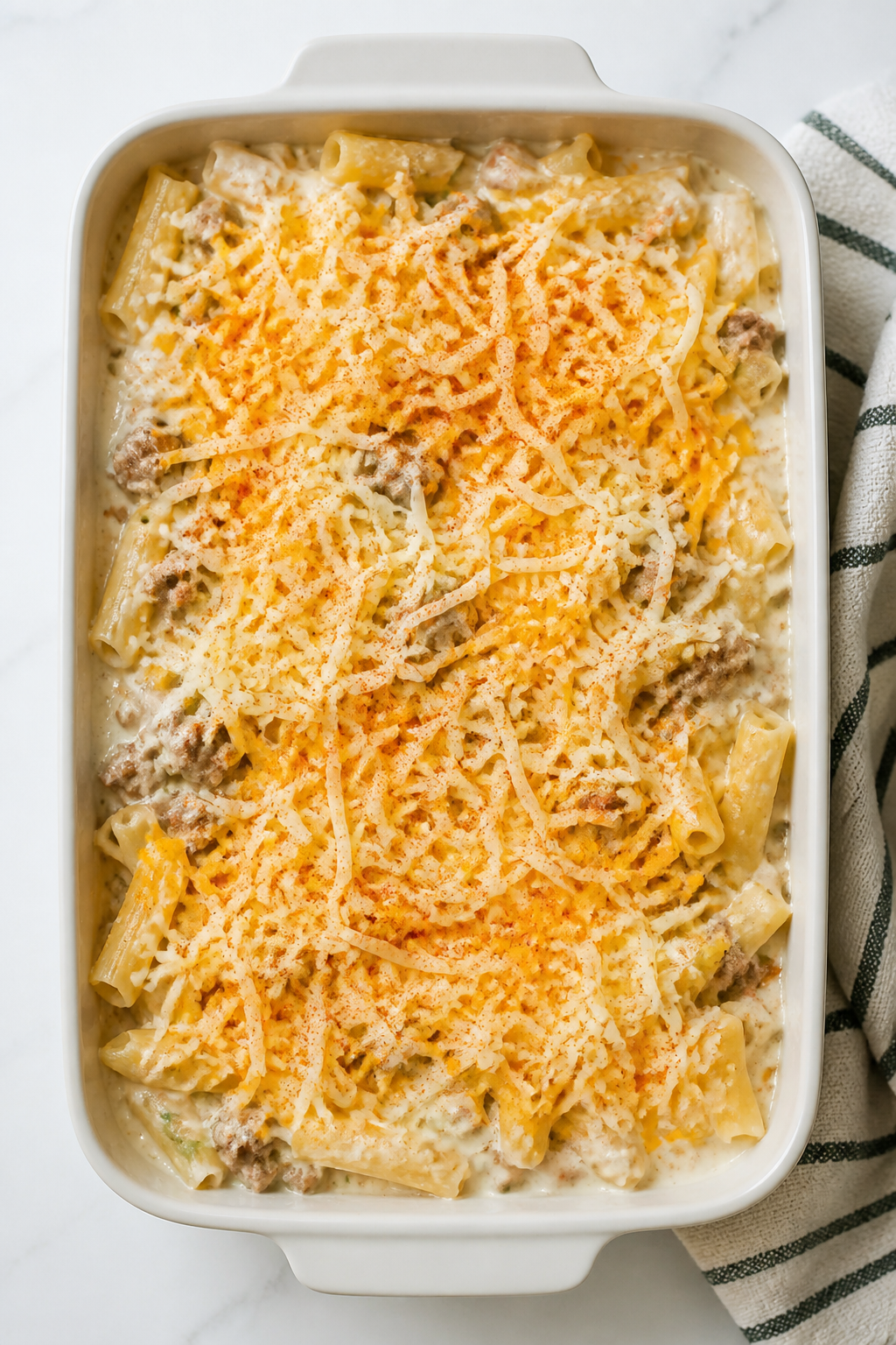 Tasty top view, in-pan before-oven shot: Overhead shot of the assembled Ground Turkey Creamy Ranch C