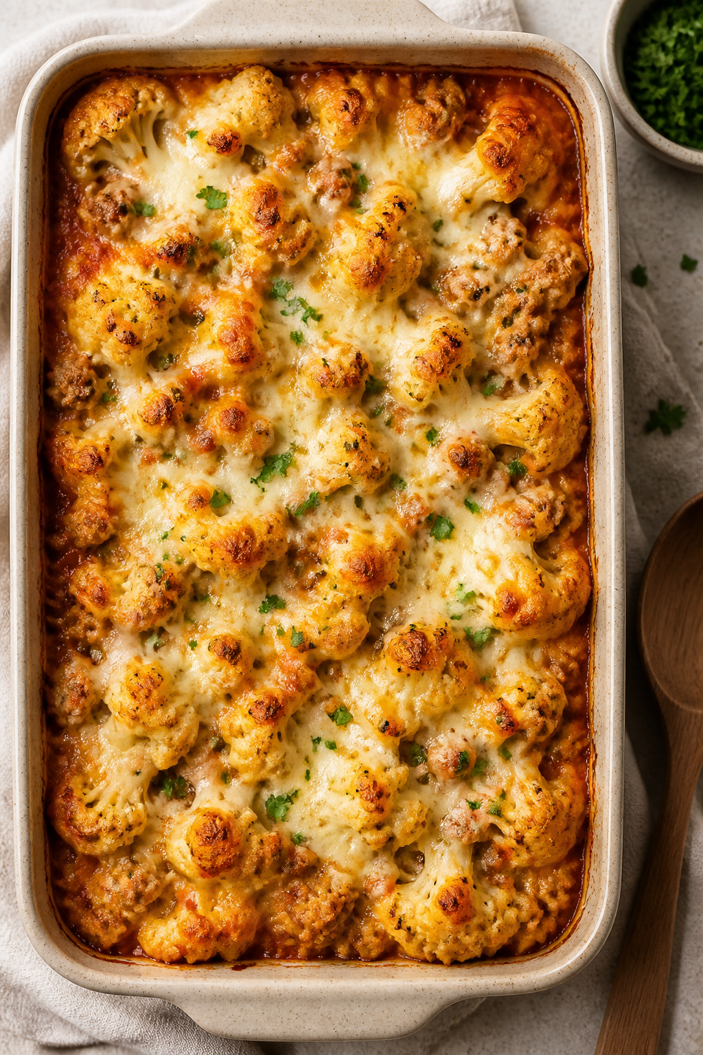 Tasty top view, in-pan finish: Overhead shot of the baked Cheesy Ground Turkey Cauliflower Casserole
