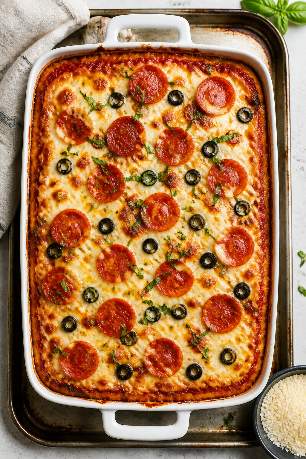 Tasty top view, just baked: Overhead shot of a 9x13 casserole fresh from the oven, edges bubbling; g
