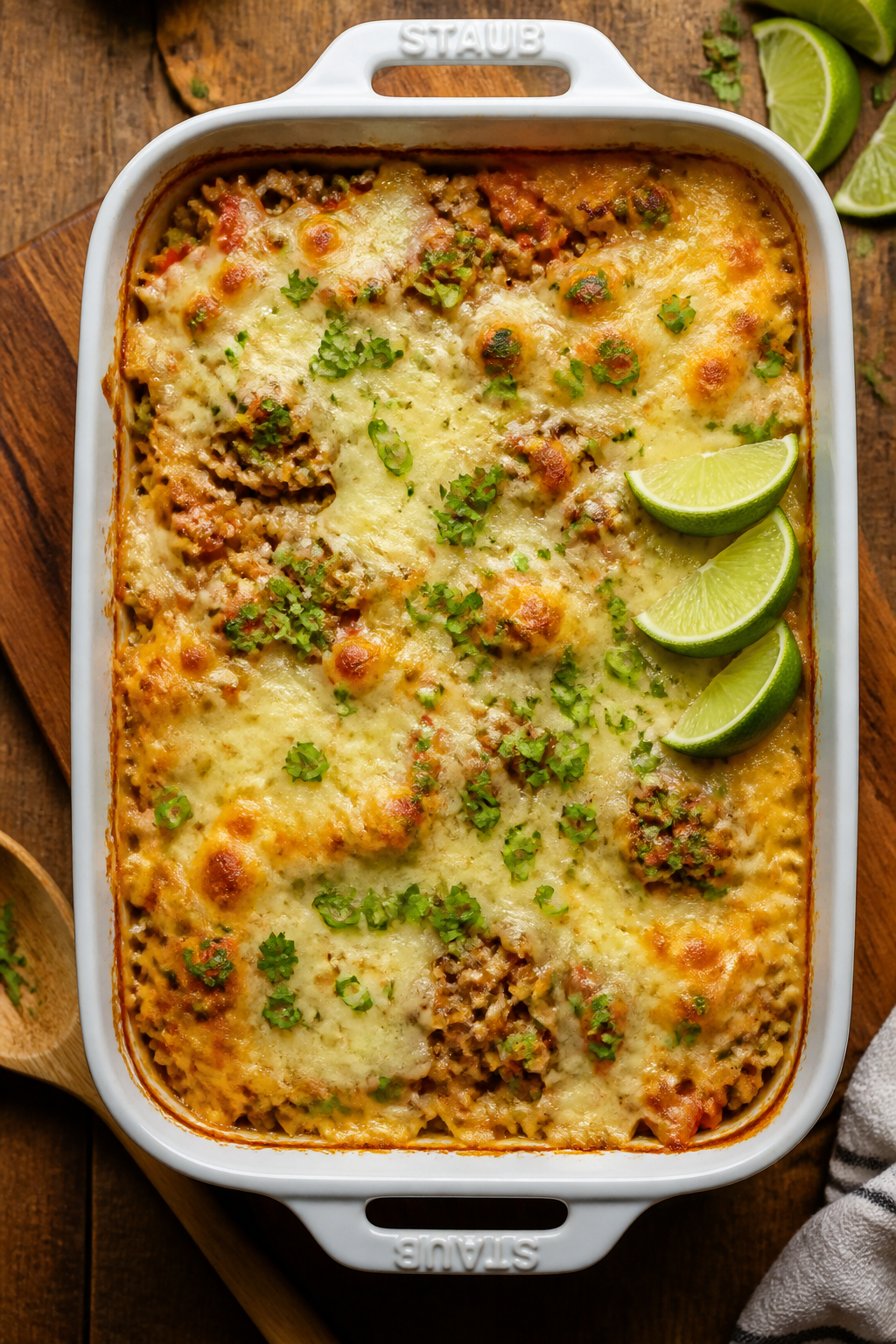 Tasty top view, just-baked: Overhead shot of the Ground Turkey Pepper Jack Bake in a 9x13 baking dis