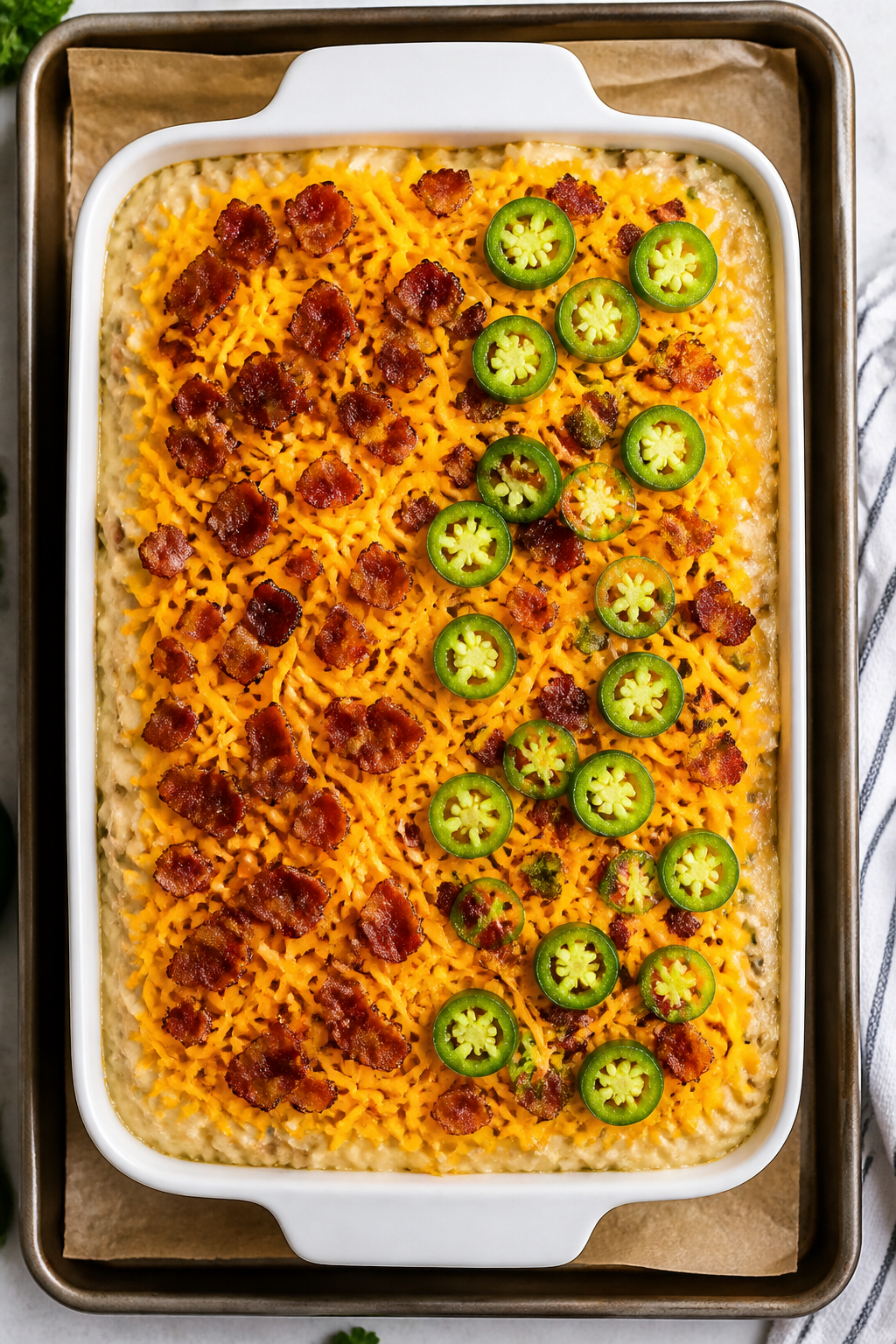 Tasty top view, just before baking: Overhead shot of the casserole in a 9x13 dish, surface evenly bl