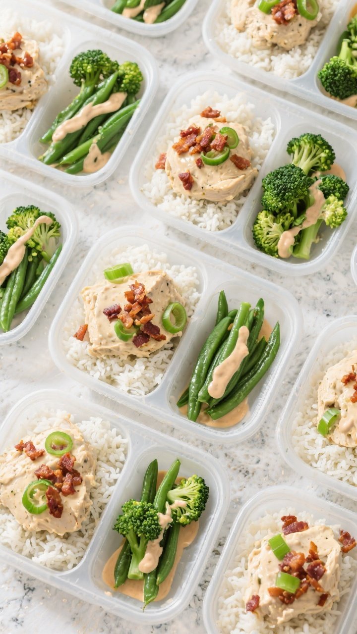 Tasty top view — Meal prep assembly: Overhead shot of neatly arranged meal prep containers on a li