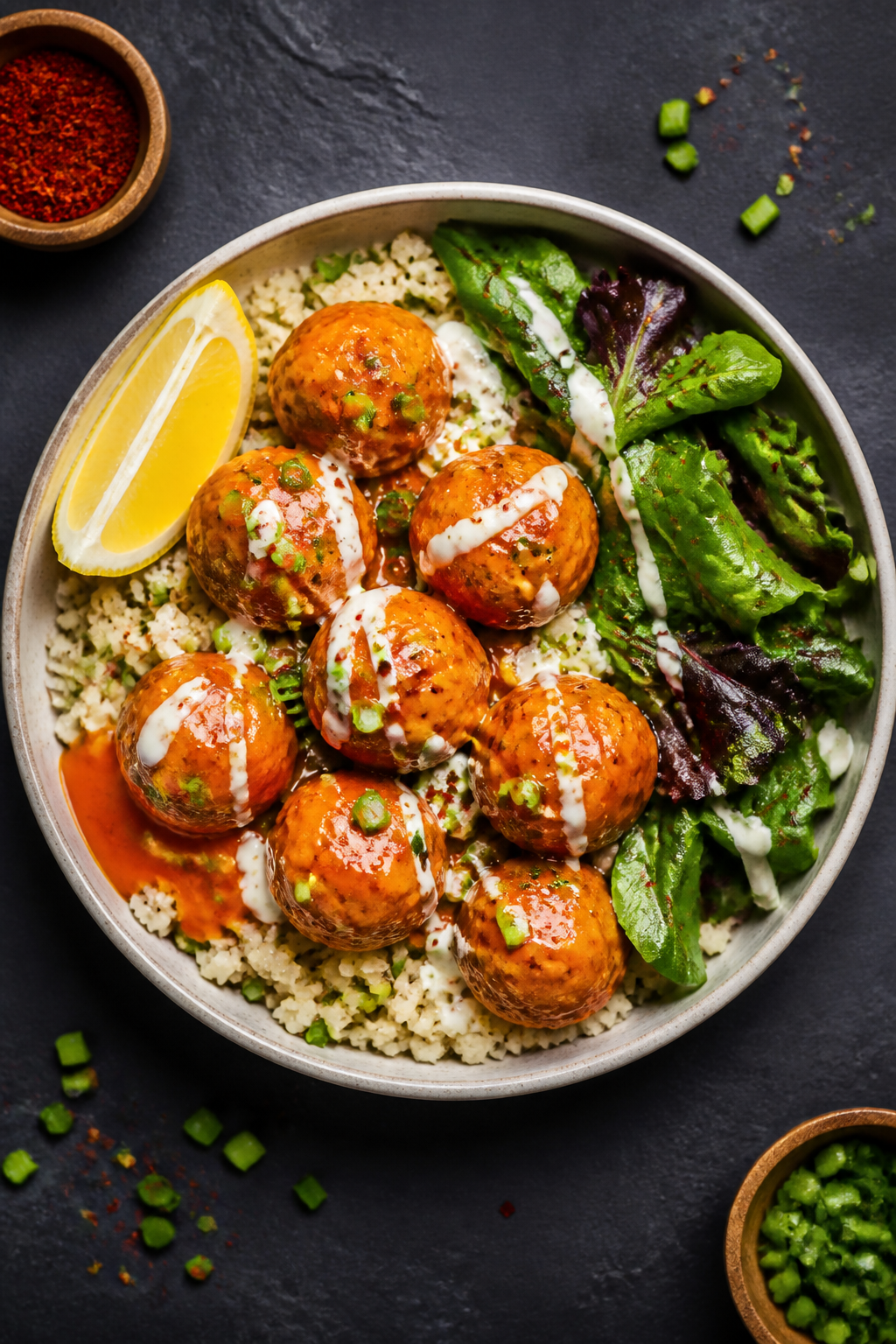 Tasty top view, meal-prep bowl: Overhead shot of a low-carb lunch bowl featuring Buffalo-glazed chic