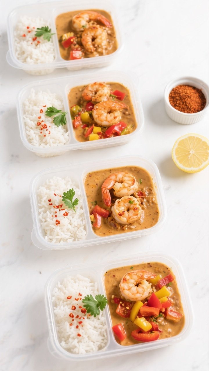 Tasty top view, meal prep containers: Overhead shot of 4 neatly portioned meal prep containers fille