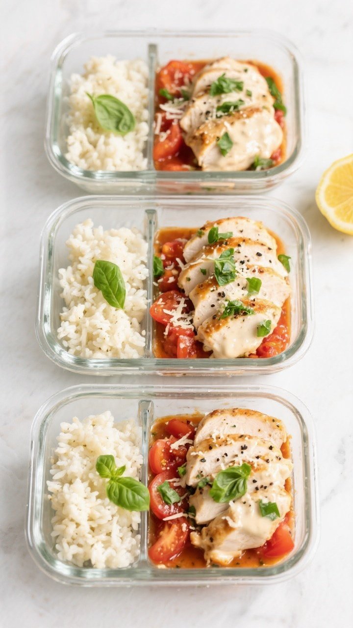 Tasty top view, meal prep focus: Overhead shot of four glass meal prep containers neatly arranged; e