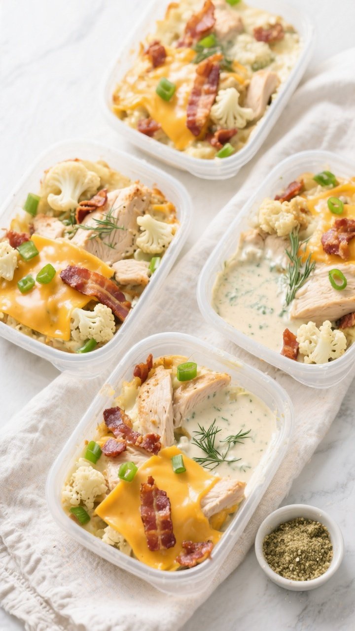 Tasty top view, meal prep focus: Overhead shot of four meal prep containers filled with Keto Chicken
