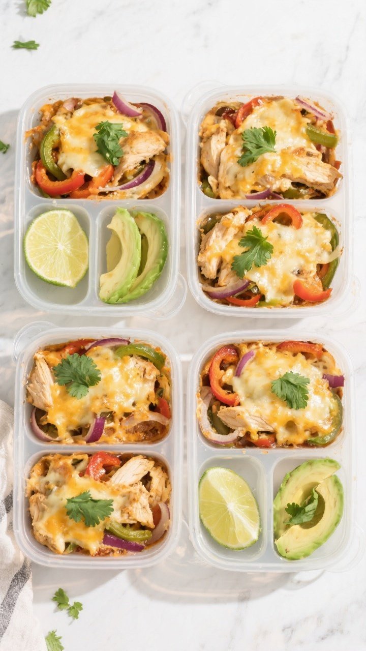 Tasty top view, meal-prep focus: Overhead shot of four airtight meal-prep containers neatly portione