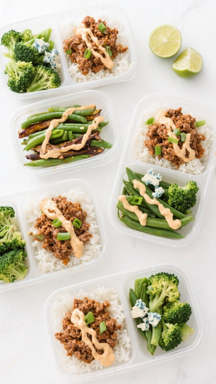 Tasty top view meal prep spread: Overhead shot of four neatly arranged meal prep containers filled w