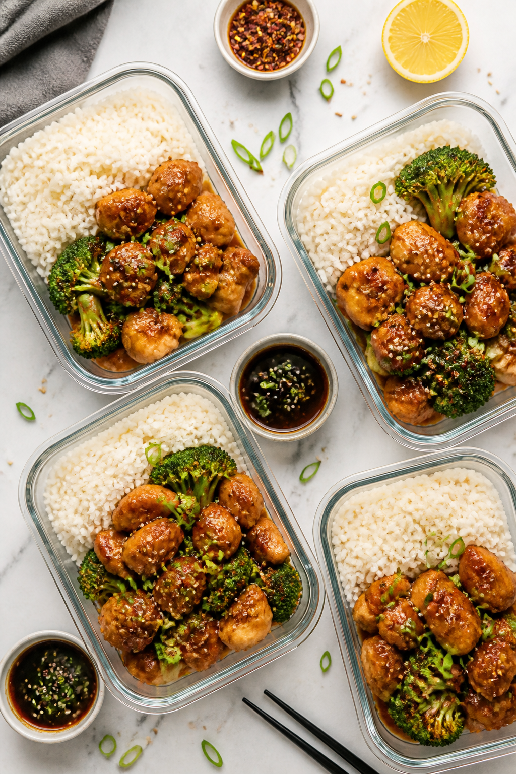 Tasty top-view meal-prep spread: Overhead shot of multiple meal-prep containers filled with rice on 