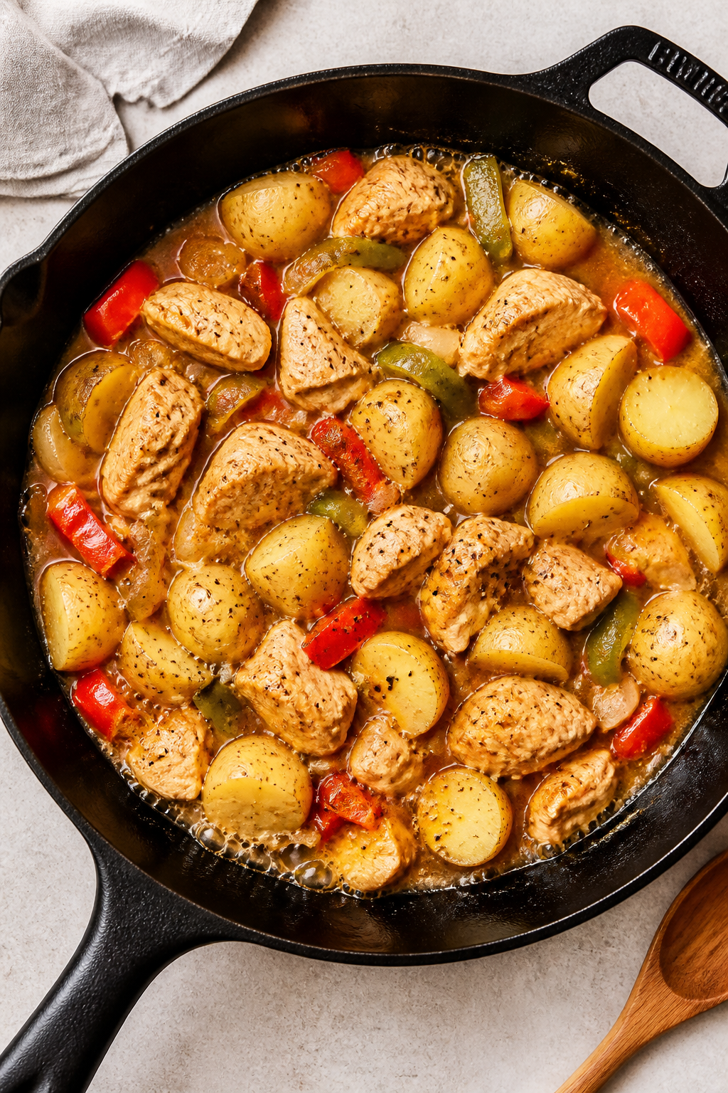 Tasty top view, mid-cook: Overhead shot of the skillet right after adding baby potatoes and a splash