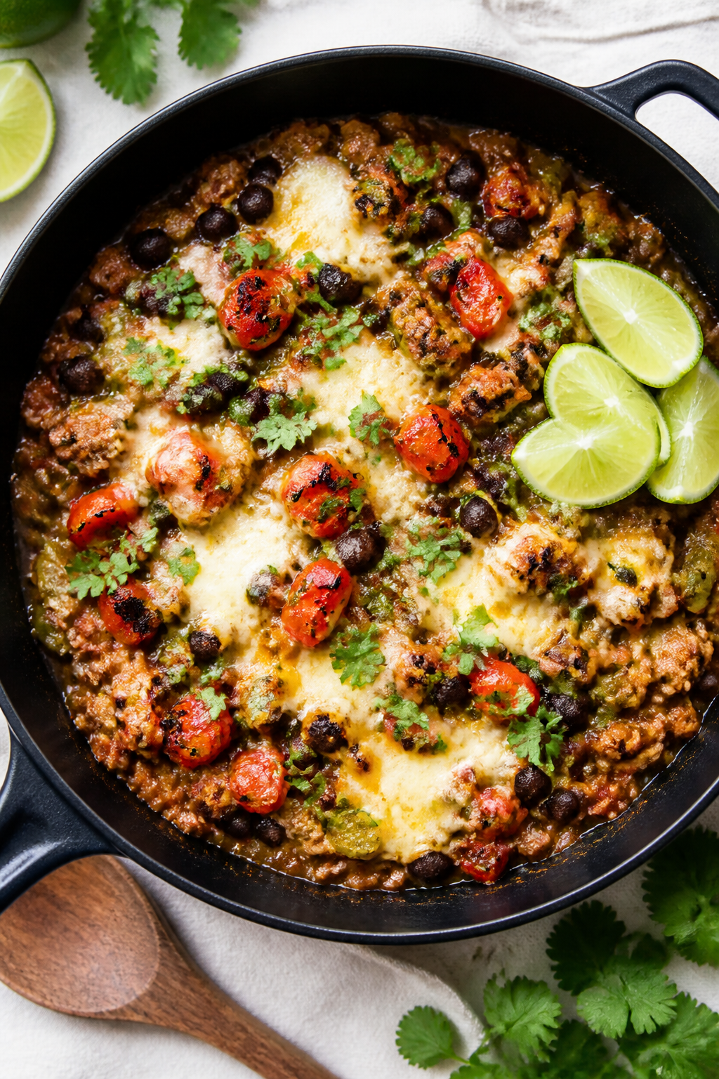 Tasty top view, one-pan final: Overhead shot of the finished Ground Turkey Green Chile Skillet in a