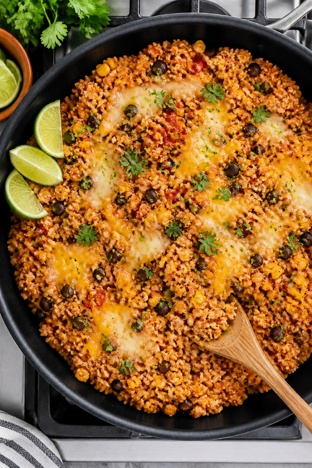 Tasty top view, one-pan finish: Overhead shot of the finished Ground Turkey Mexican Cauliflower Rice