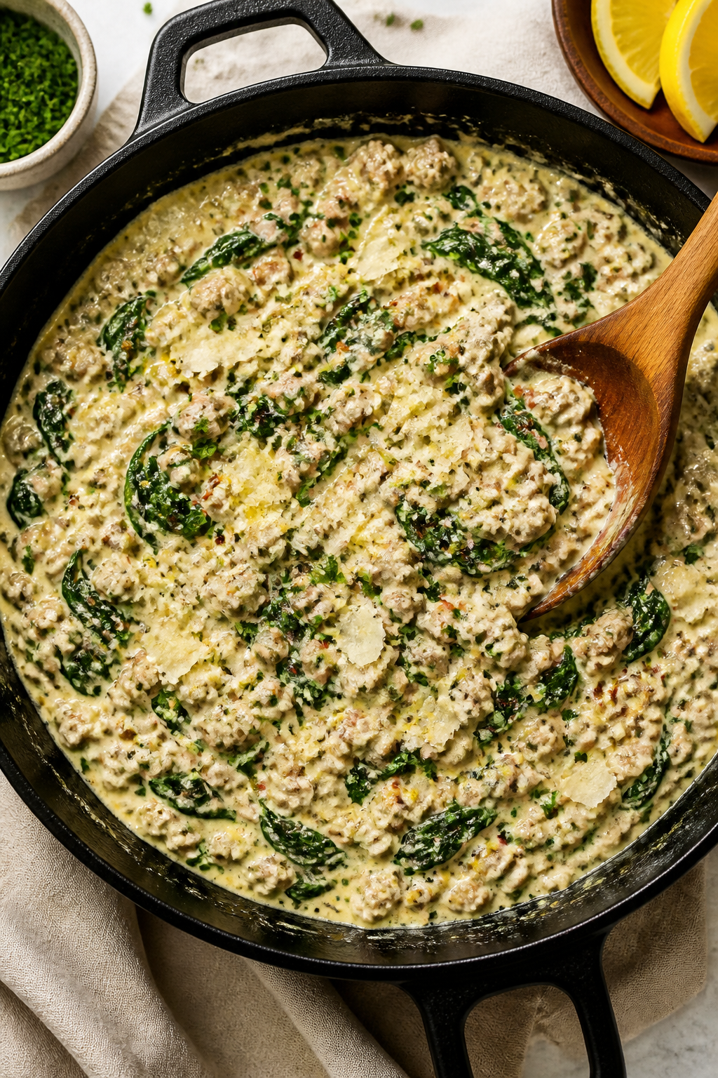 Tasty top view, one-pan finish: Overhead shot of the finished creamy spinach ground turkey skillet i