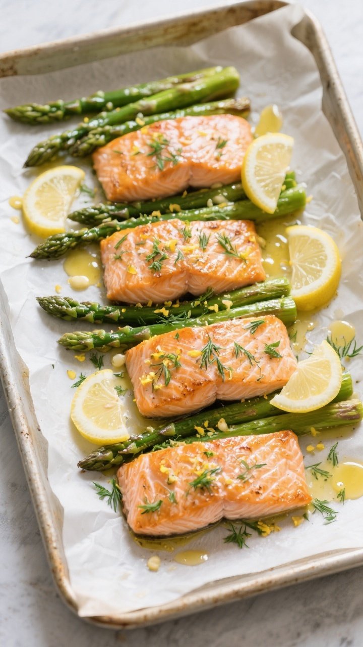 Tasty top view, one-pan oven finish: Overhead shot of a parchment-lined sheet pan fresh from the ove