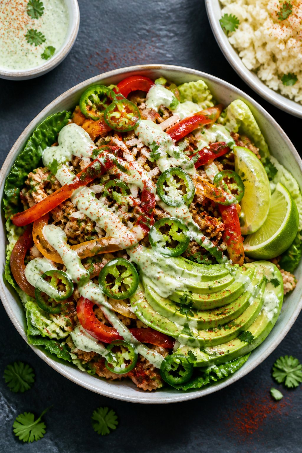 Tasty top view, overhead bowl build: Overhead shot of a keto turkey fajita bowl assembled on a bed o
