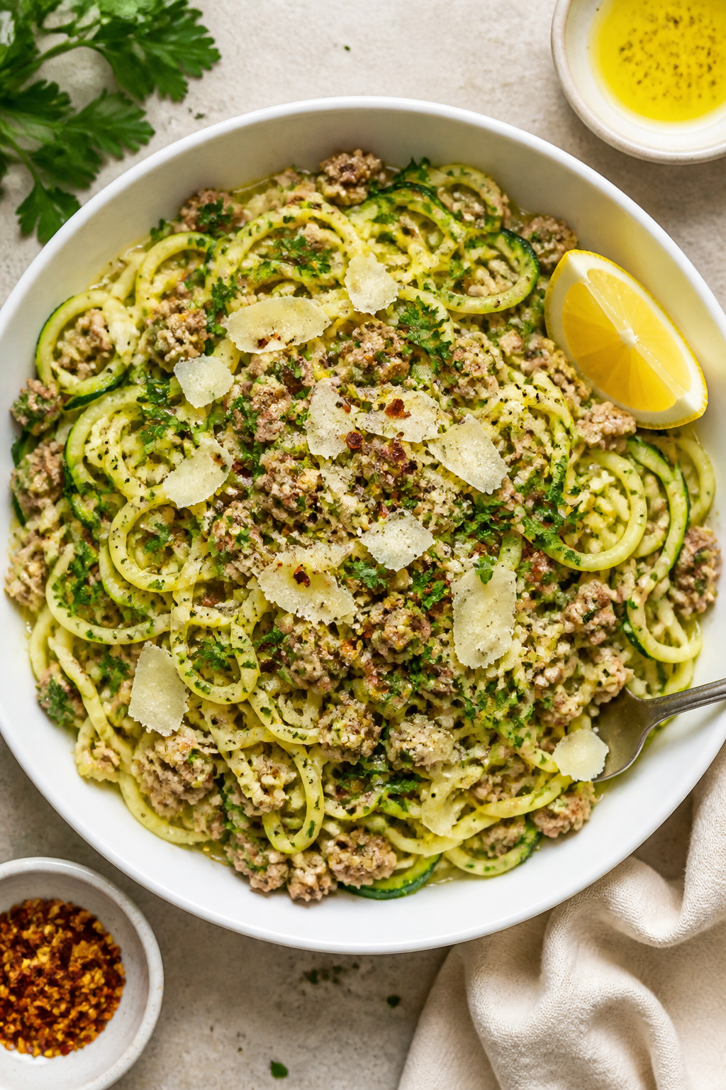 Tasty top view, overhead: Final Ground Turkey Garlic Parmesan Zoodles in a large, shallow white bowl