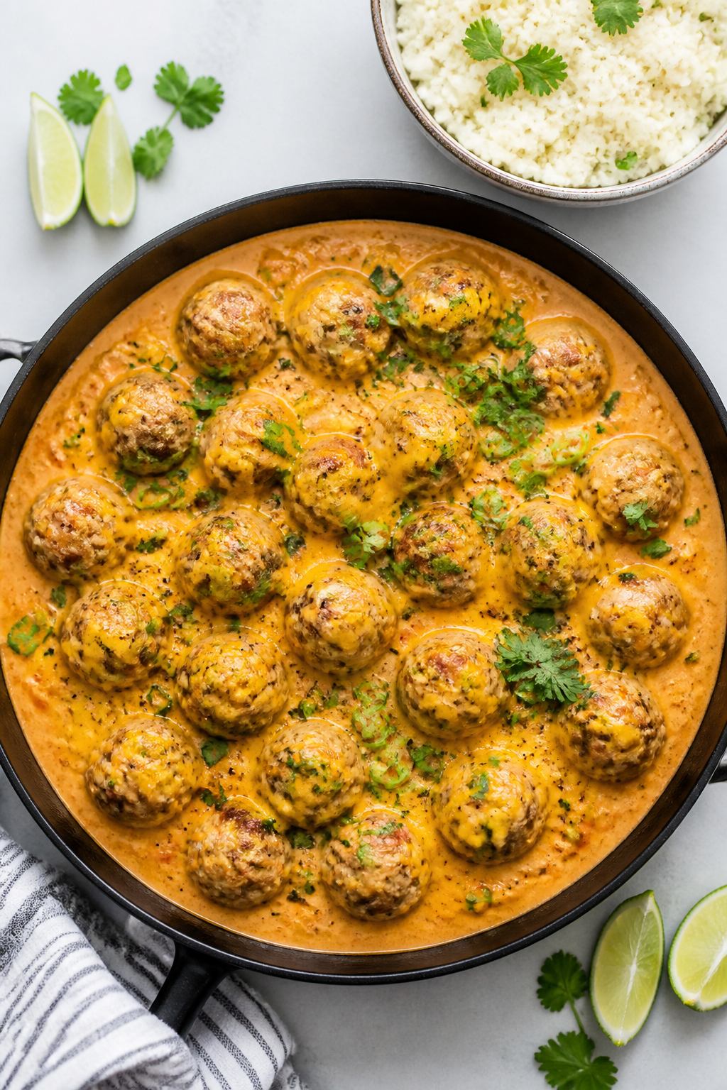 Tasty top view, overhead: Keto creamy taco meatballs nestled in a silky, orange-tinted sauce (heavy 