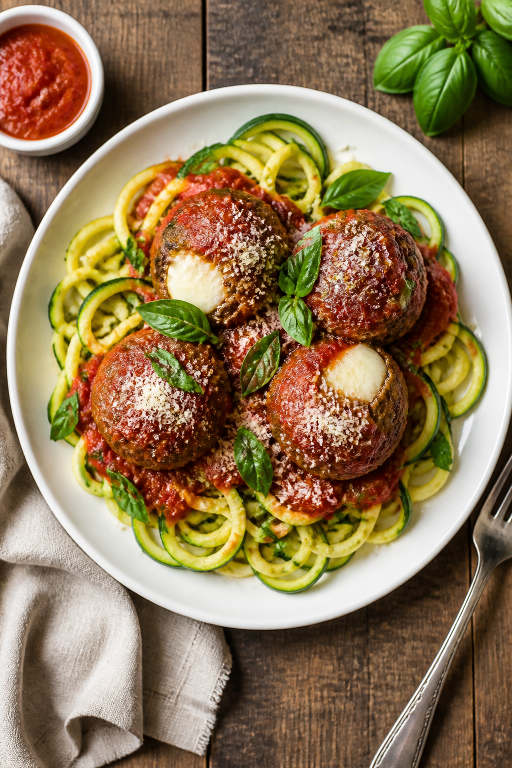 Tasty top view: Overhead shot of a dinner plate with 4 keto cream cheese stuffed meatballs nestled o