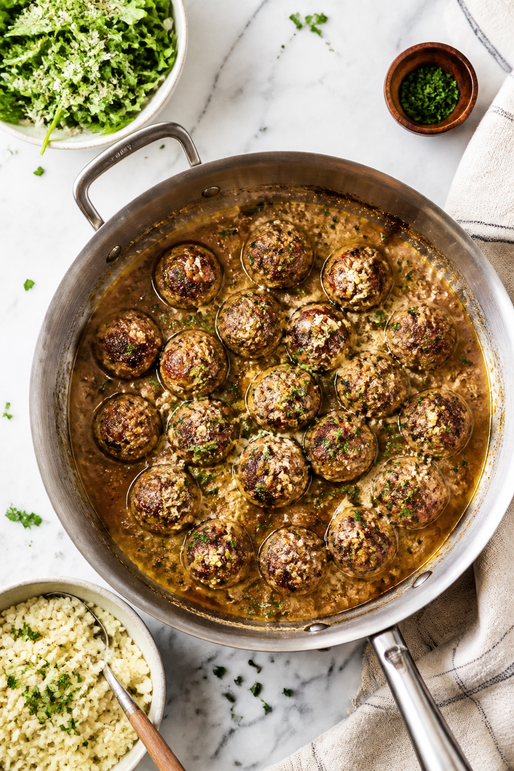 Tasty top view: Overhead shot of a family-style serving—meatballs nestled in a wide skillet with r
