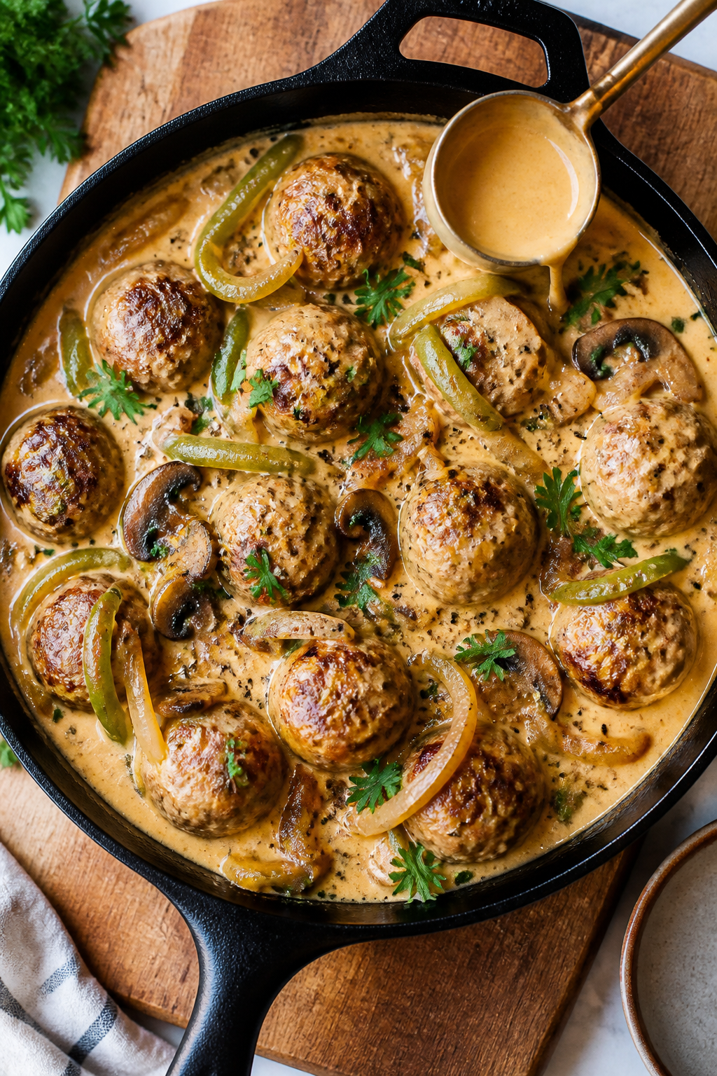 Tasty top view: Overhead shot of a family-style skillet presentation—meatballs arranged in a tight